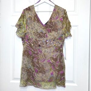 ASHRO NWT Beaded Kimono Style Boho Abstract Print Kimono Style Top XL
